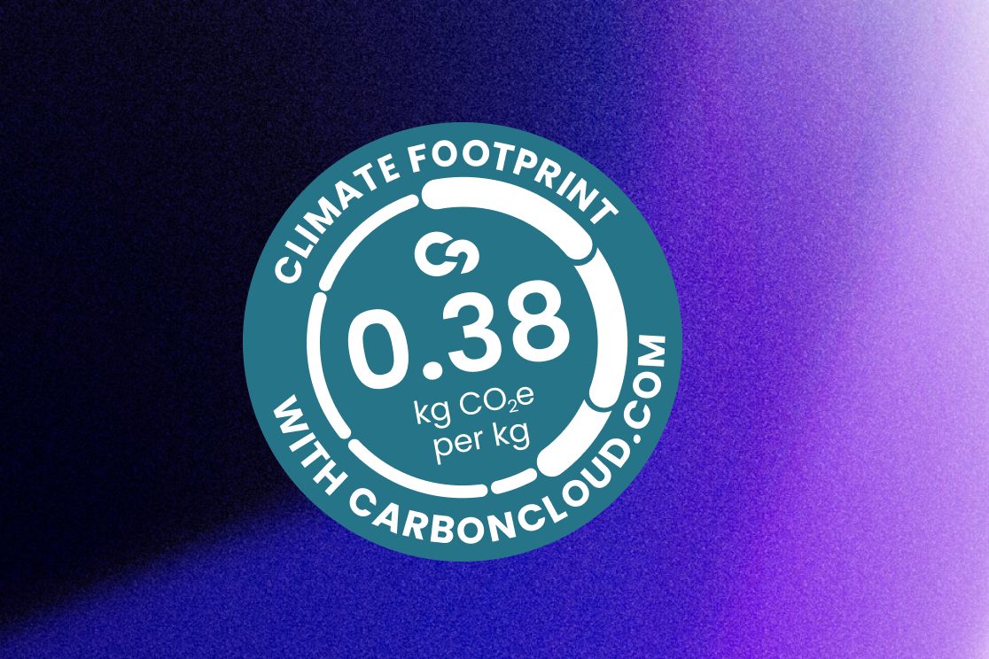 A CarbonCloud climate footprint label: 0.38 kg CO₂e per kg