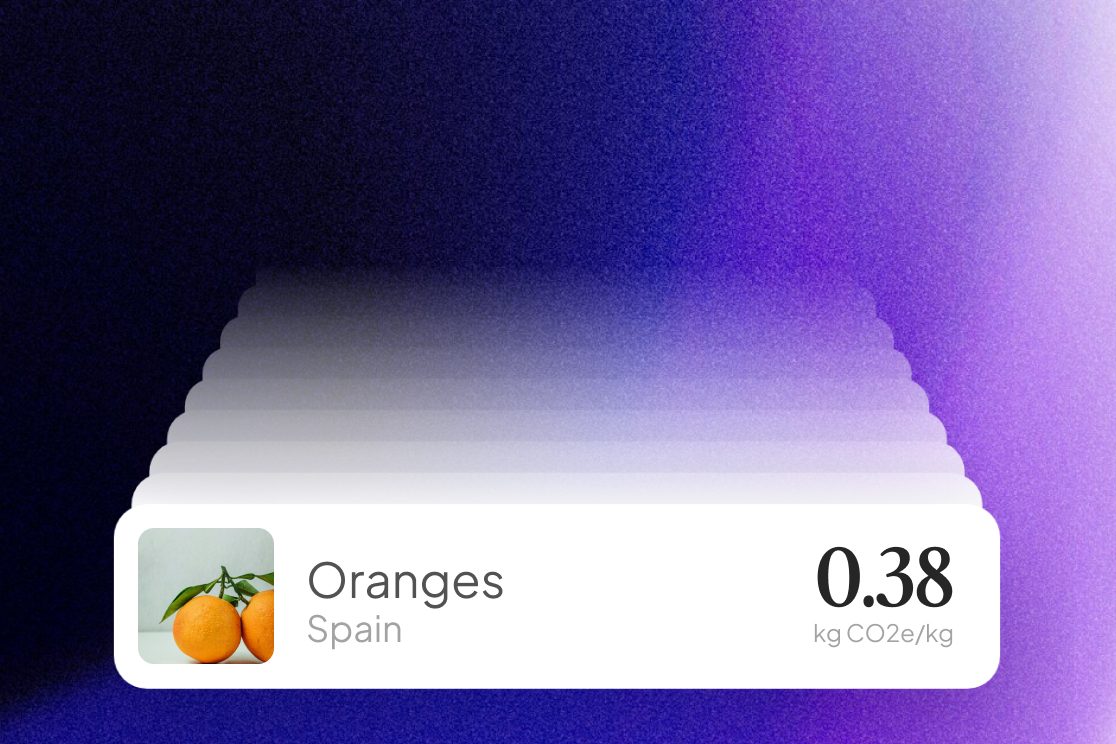 A stack of product footprints from the database, on top: oranges from Spain, 0.38 kg CO₂e per kg