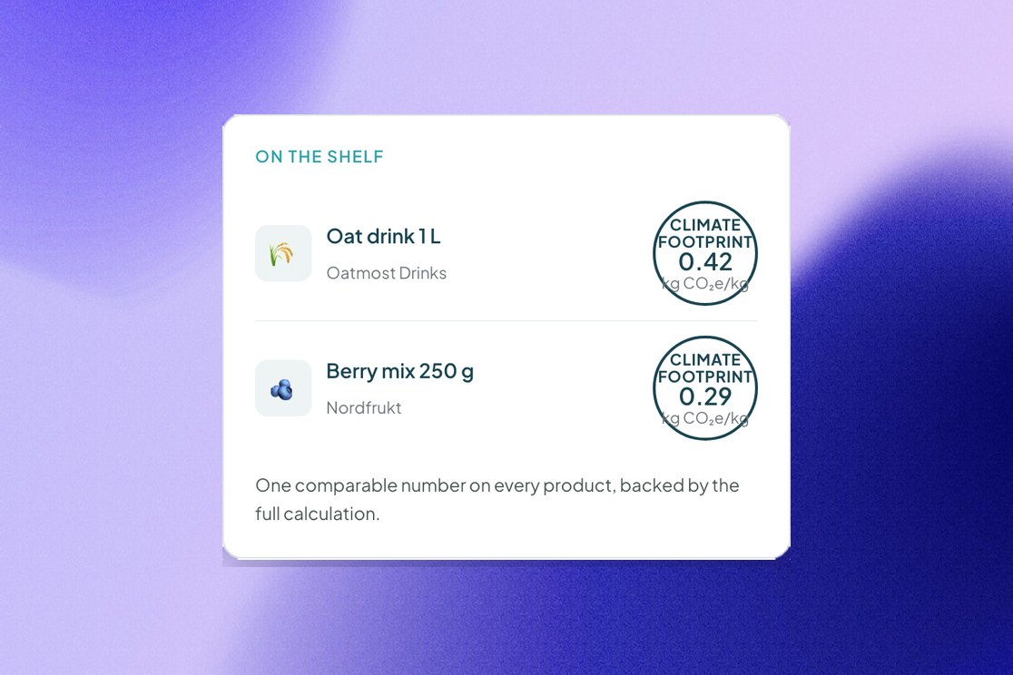 Products on the shelf with their CarbonCloud climate footprint labels