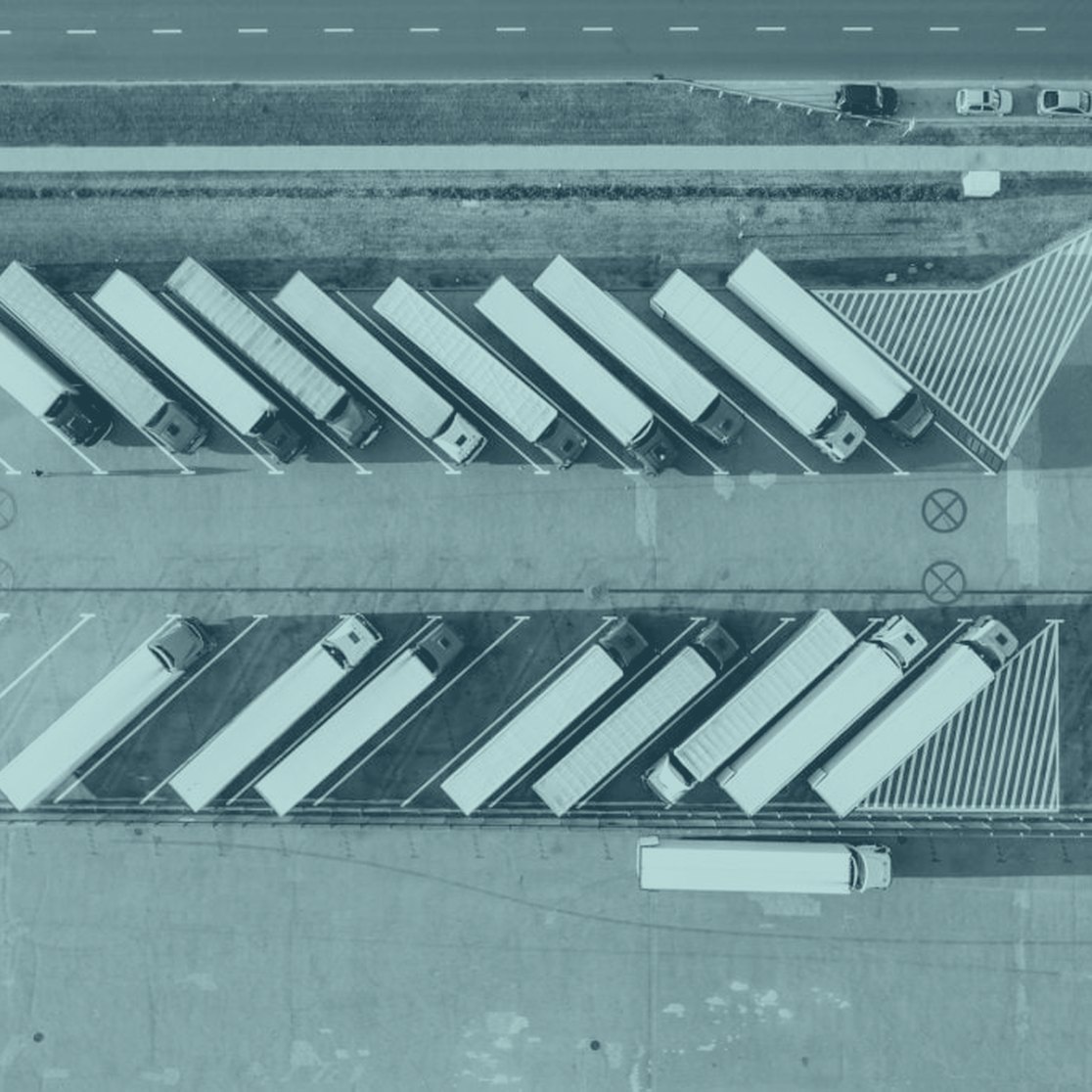 Lorries parked at a distribution centre, seen from above