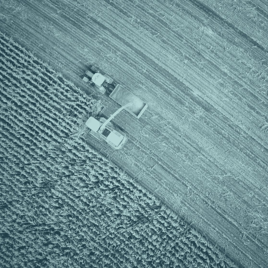 A tractor harvesting a field, seen from above